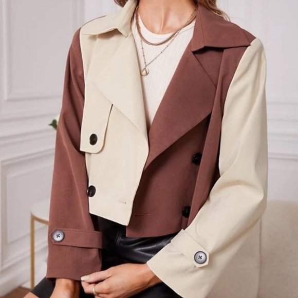 Contemporary Two Tone Colorblock Double Breasted Trench Coat - Picture 2 of 5